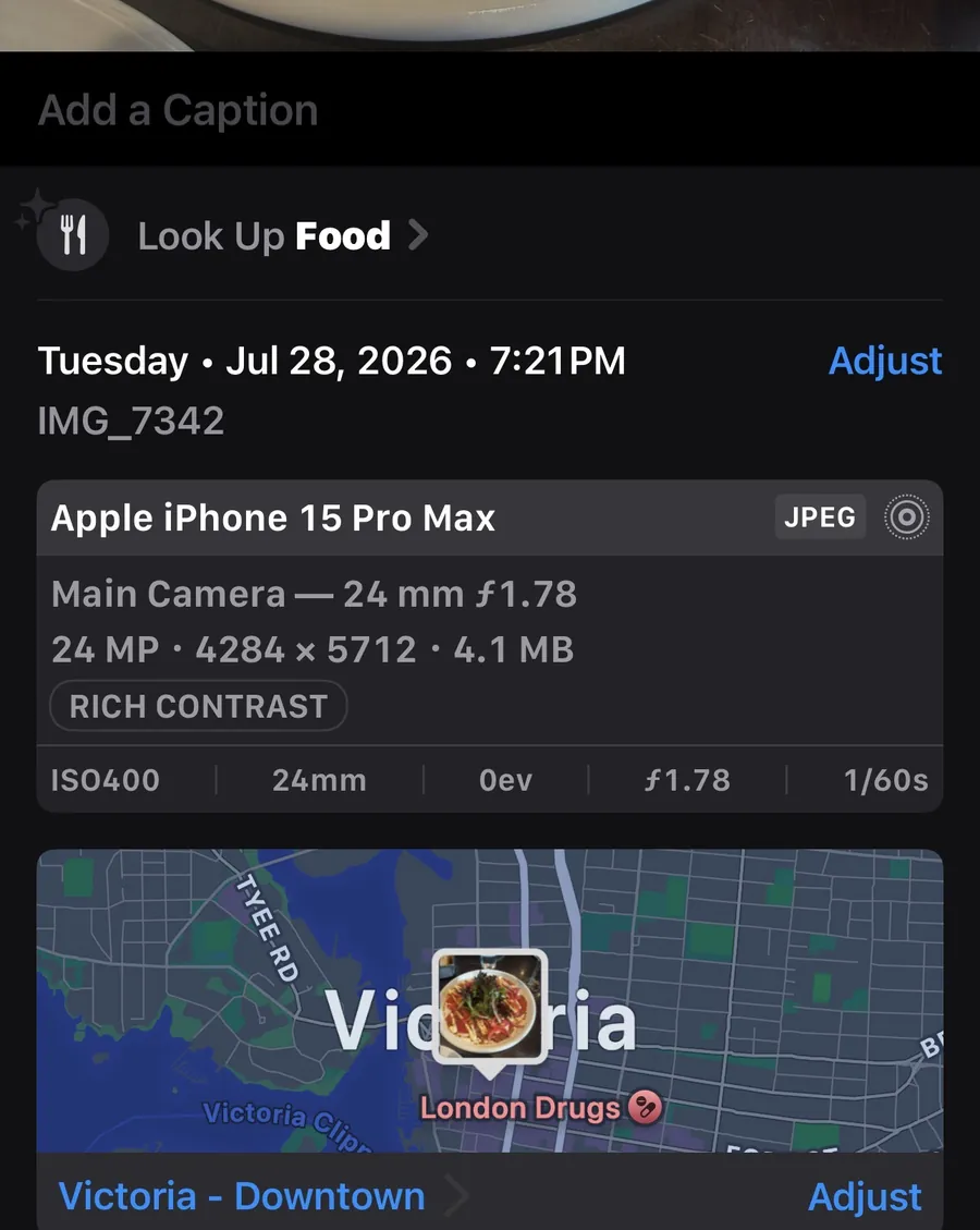 A phone's photo info panel showing the date and time, camera model, lens, camera settings and a map of where the photo was taken