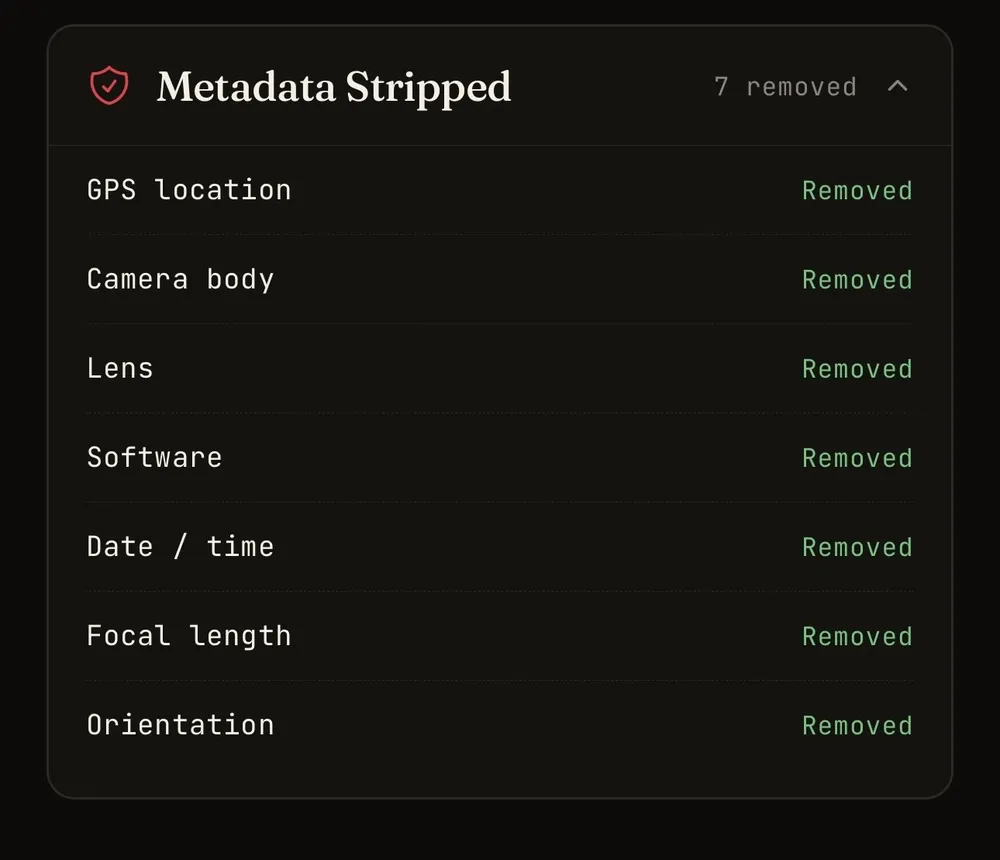Redact.ID's Metadata Stripped panel listing GPS location, camera body, lens, software, date and time, focal length and orientation as removed