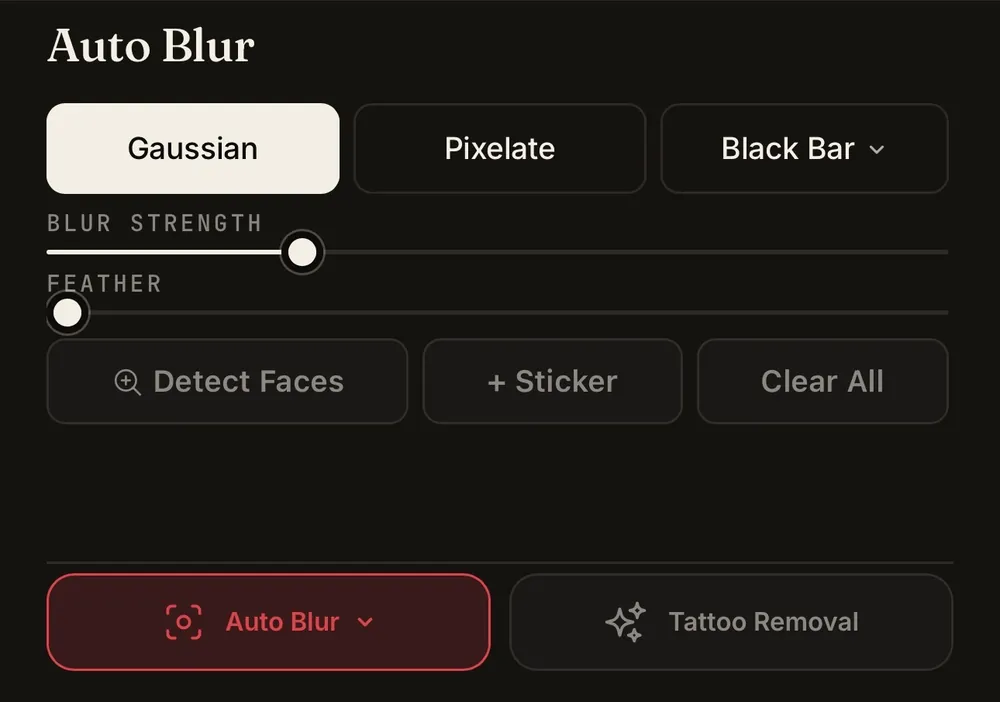 Redact.ID Auto Blur controls: Gaussian, Pixelate or Black Bar, blur strength, feather and Detect Faces