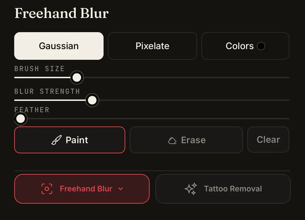 Redact.ID Freehand Blur controls: brush size, blur strength, feather, paint and erase