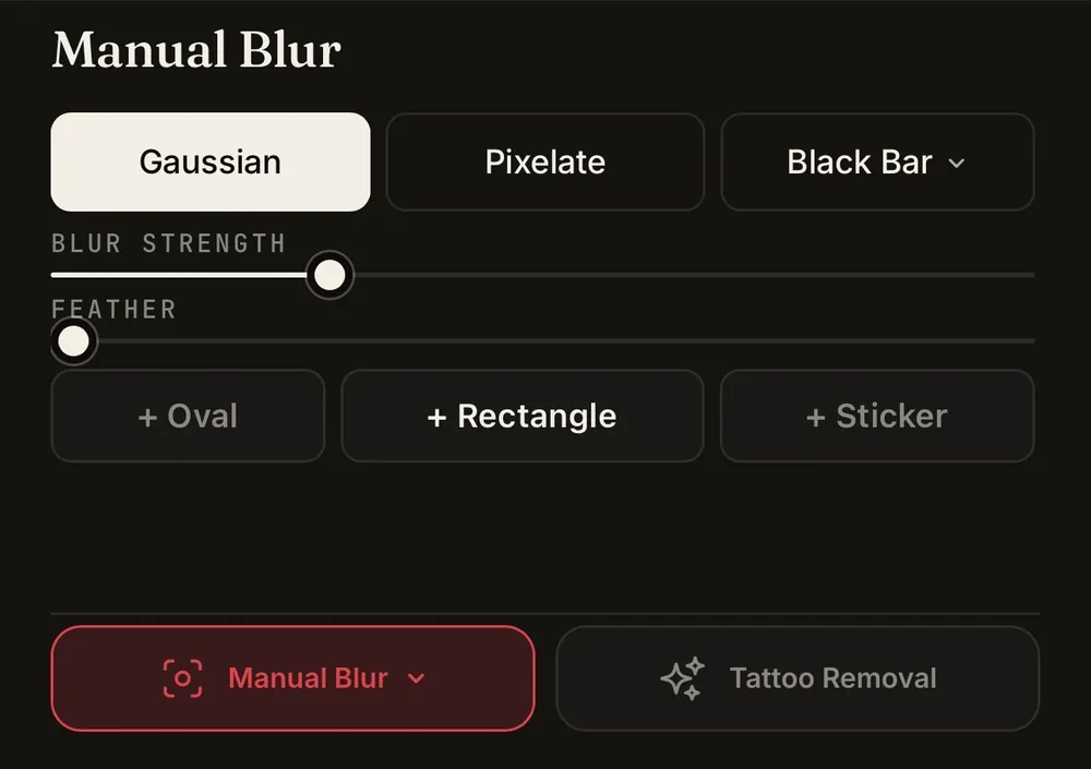 Redact.ID Manual Blur controls: add an oval, rectangle or sticker over the area to hide